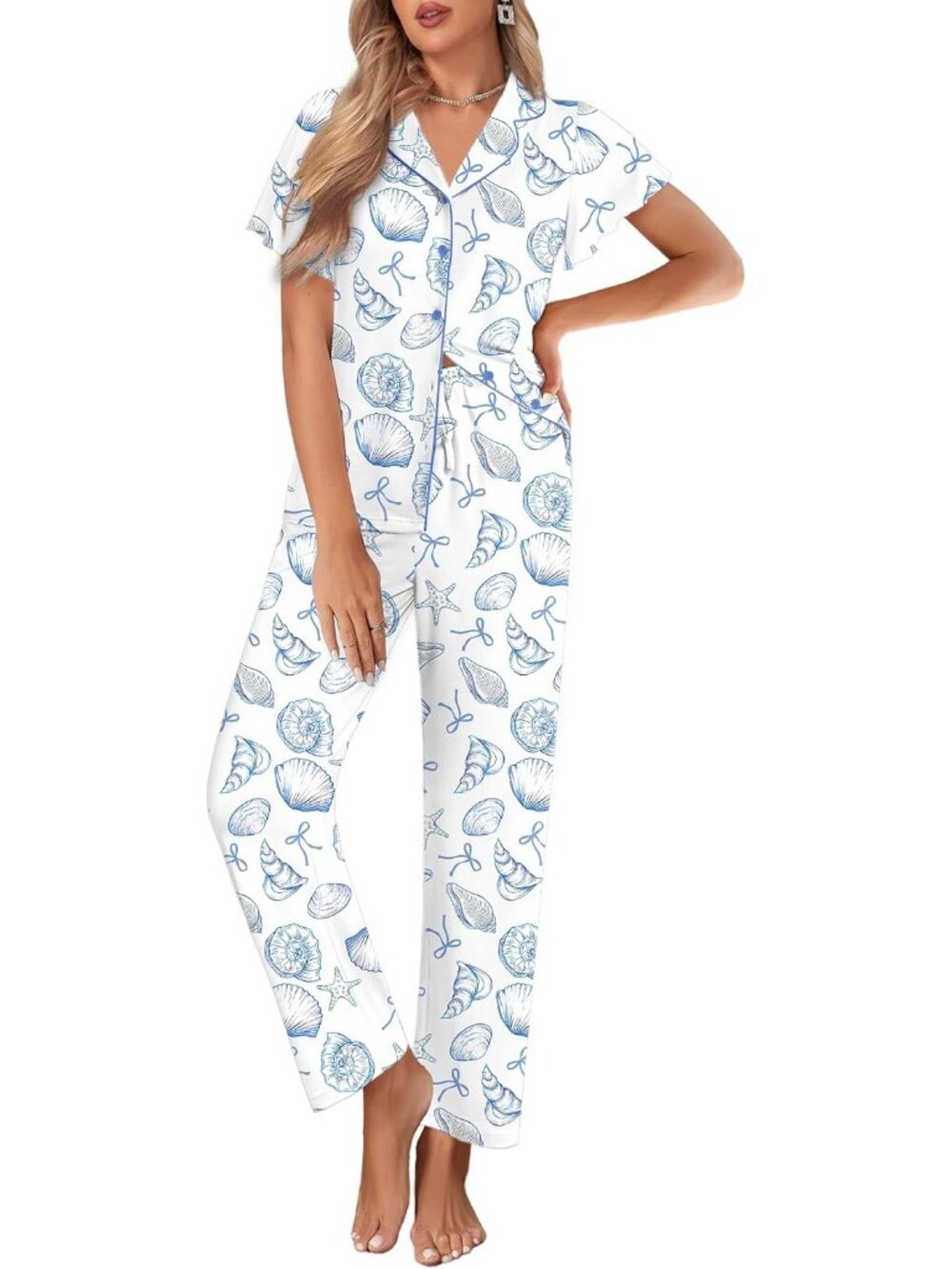Women White Notch Lapel Ruffle Sleeve Button Up with Long Pajamas Set